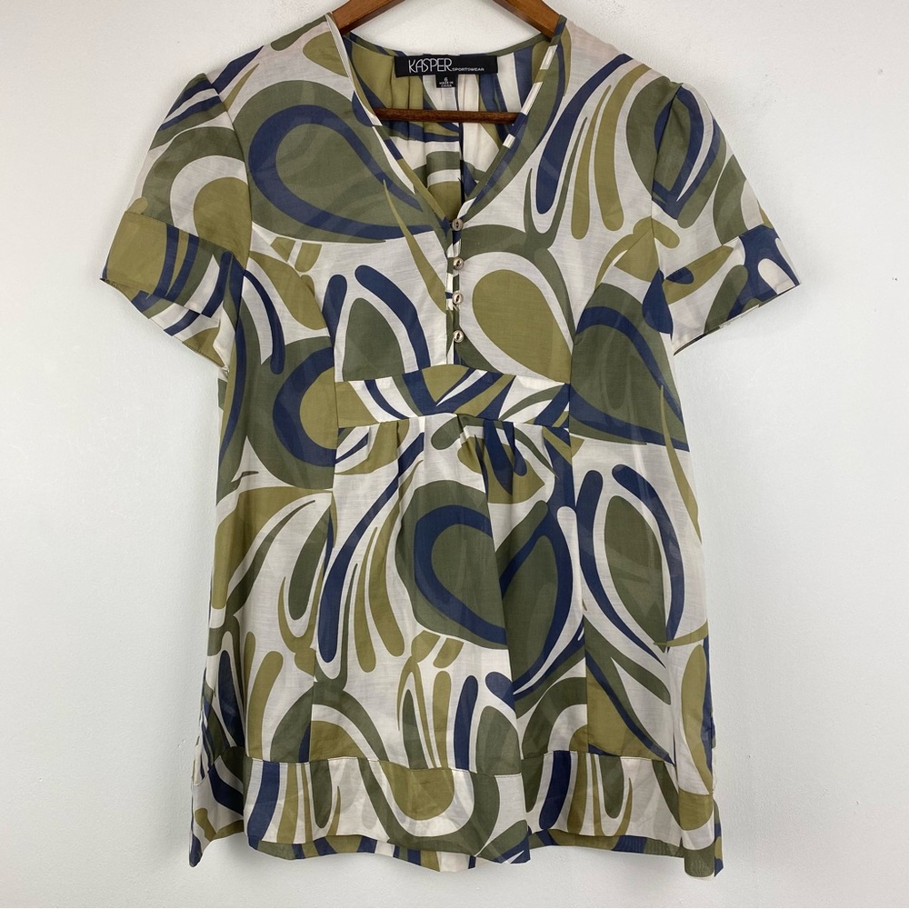 Kasper size 6 Women’s Blue Green Cotton/Silk Short Sleeve V-neck Blouse